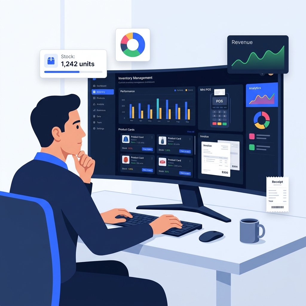 StockPro Dashboard — Business person managing inventory