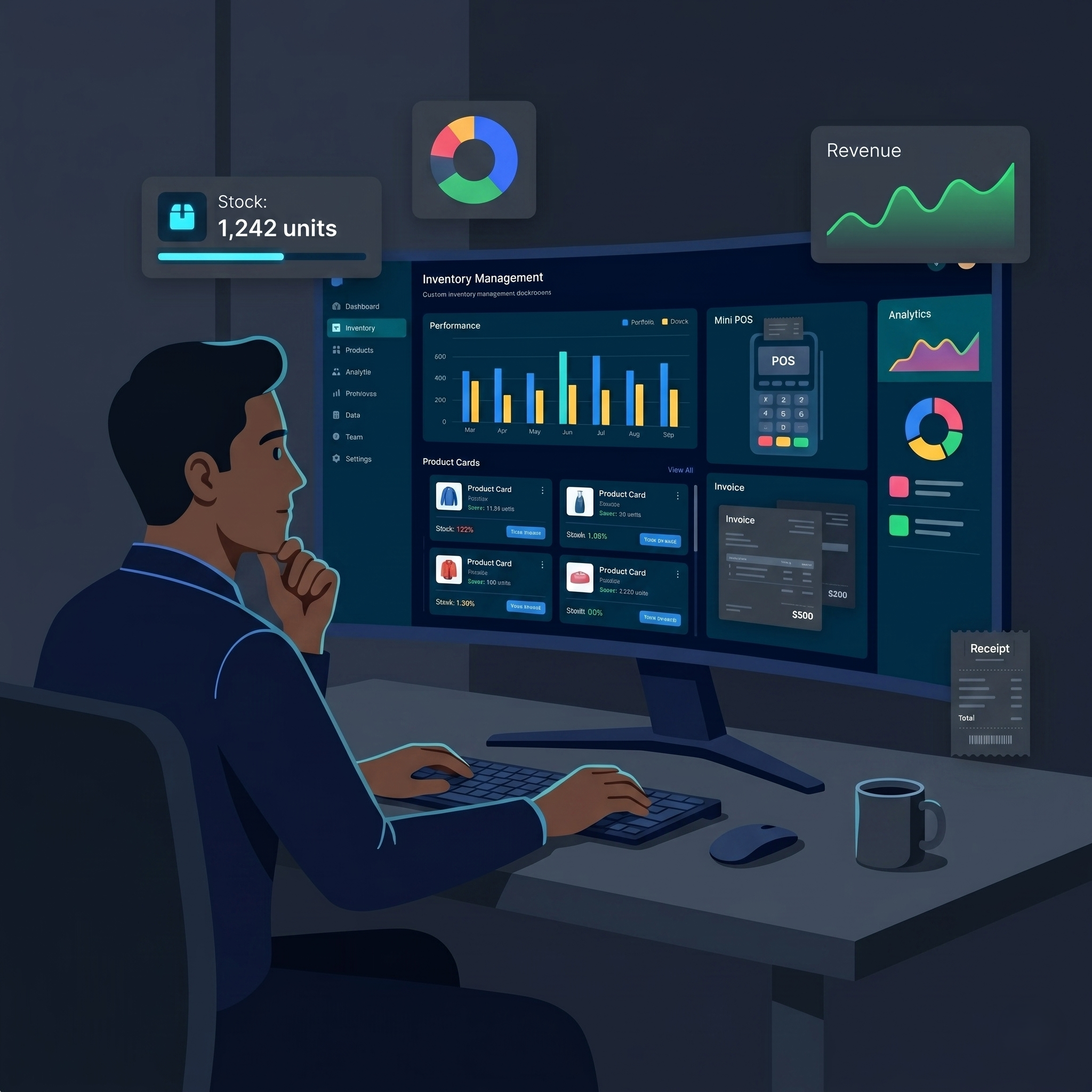 StockPro Dashboard — Business person managing inventory